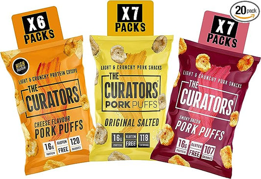 THE CURATORS High Protein Pork Puffs Variety Pack, 7 x Original Salted, 7 x Smoky Bacon & 6 Cheese, 25g (20 Packs) High Protein Crisp Low Carb Keto Gluten Free Savoury Snack