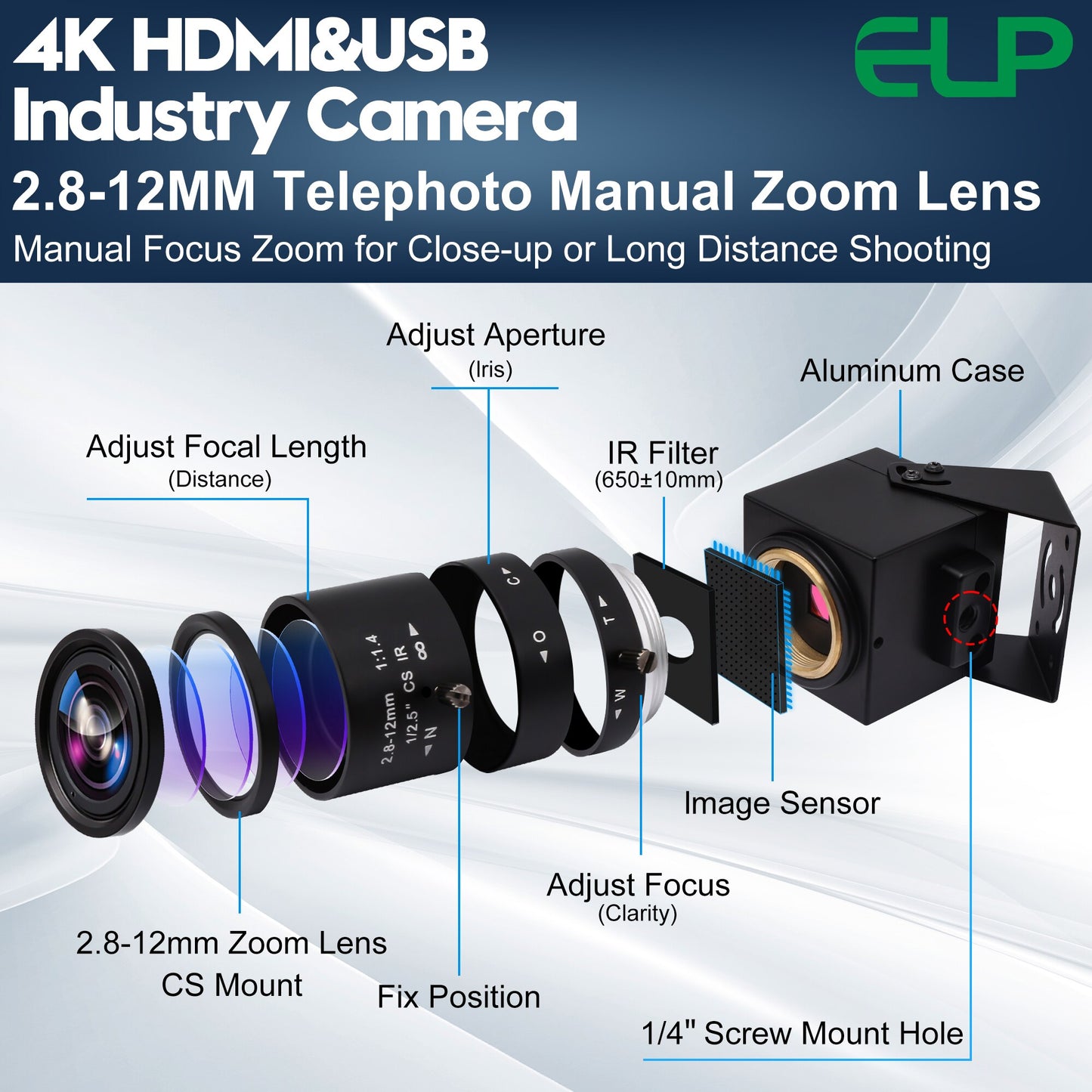 ELP 4K USB HDMI Camera H.265 H.264 MJPEG 30fps 3840*2160 USB Video Microscope IMX415 Industrial CCTV Camera